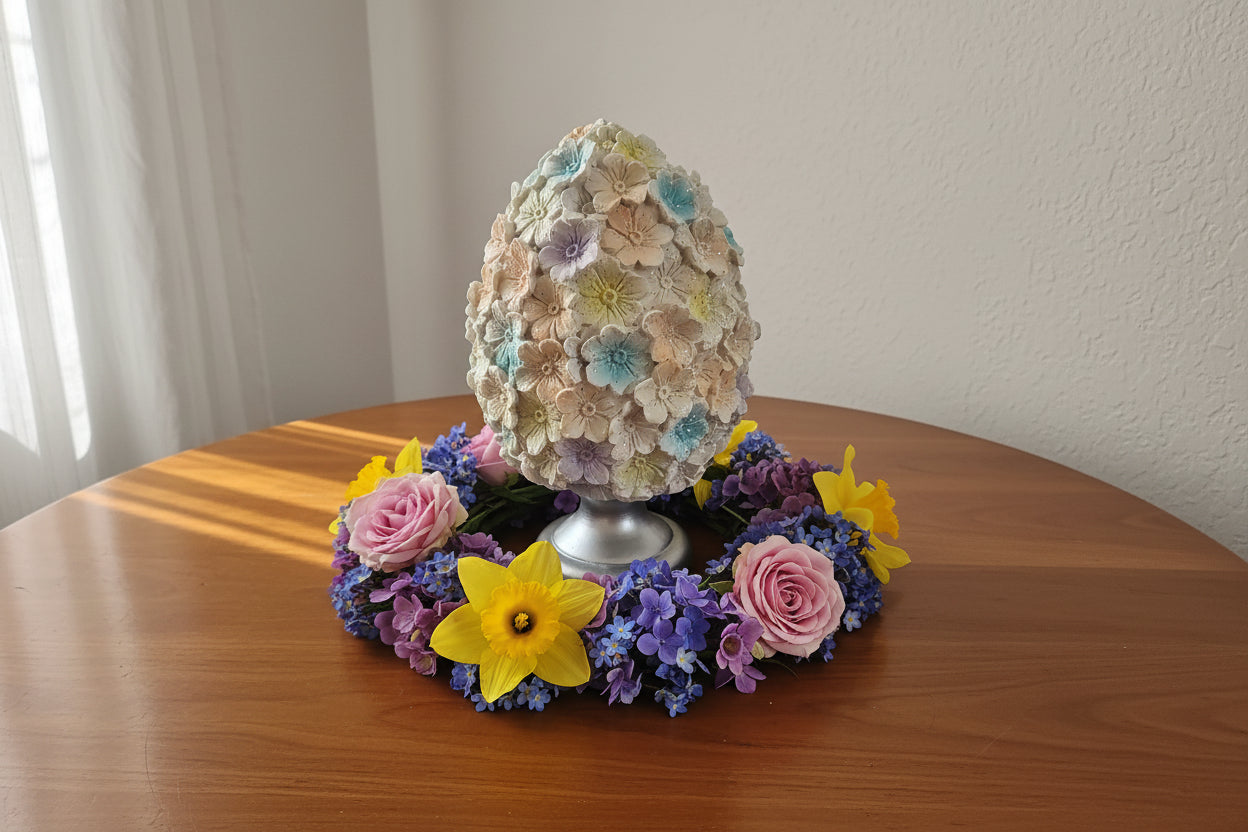 Prachtvolles Deko-Osterei auf Ständer – 21 cm Blumen-Design mit Glitzer