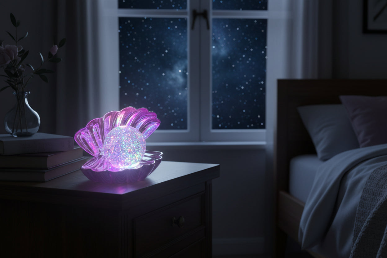 Magische Muschel-Leuchte mit Glitzer-Kugel – Elegante Tischlampe in Pink-Optik