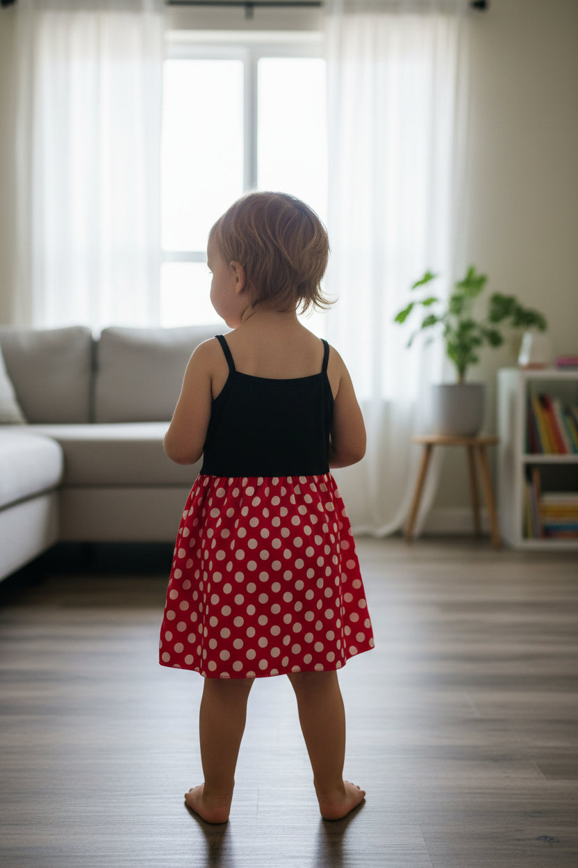 Süßes Trägerkleid im Minnie-Maus-Stil mit Schleife – Rot/Schwarz gepunktet – Gr. 92/98 (2-3 Jahre) – NEU