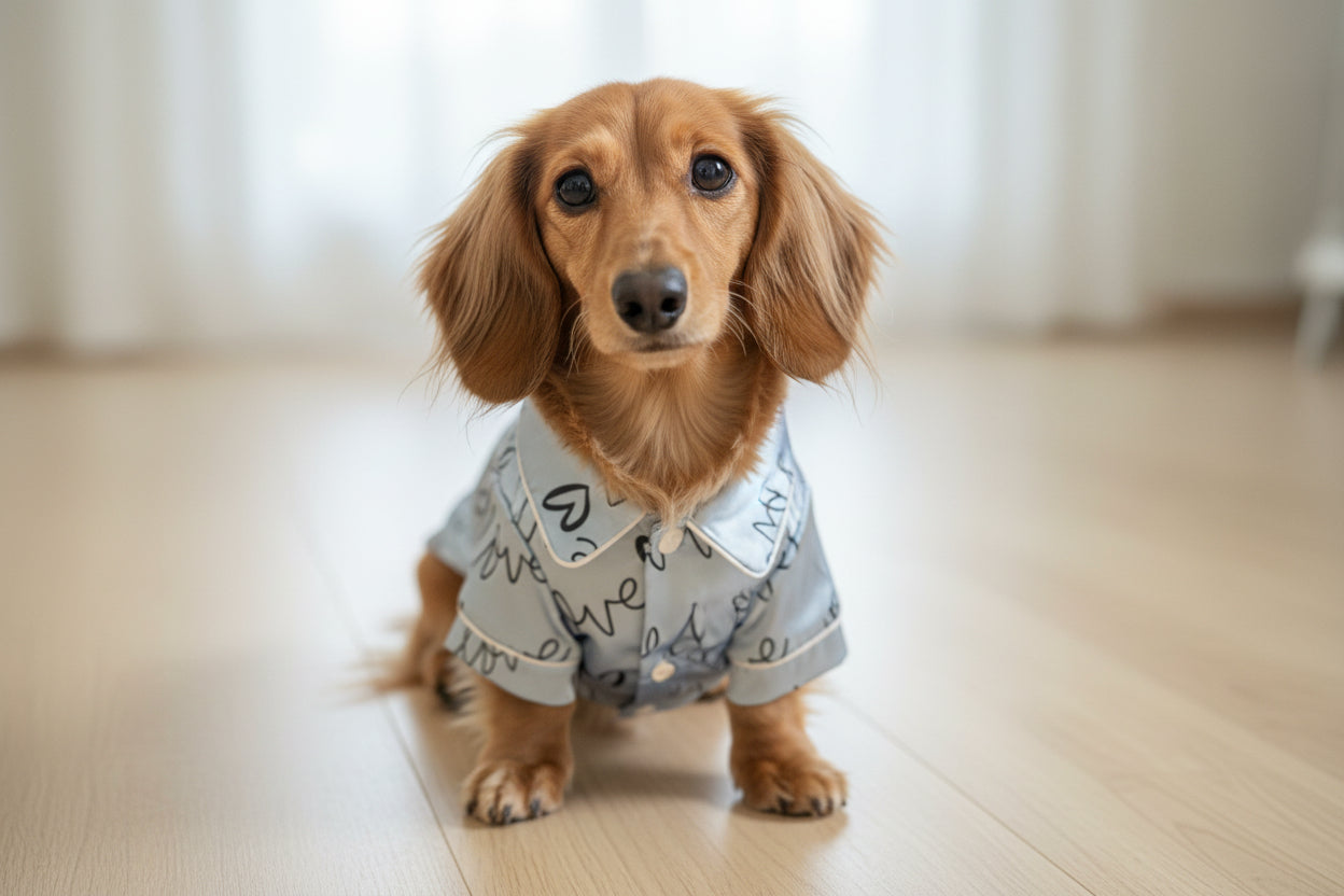 Hunde-Pyjama „Night & Love“ – Edler Satin-Look in Hellblau