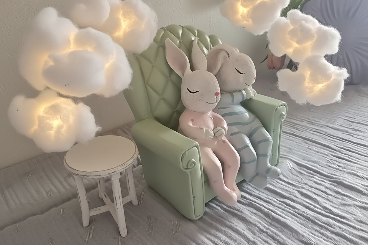 Schlafende Hasenkinder im Pyjama auf Sessel – Herzliche Deko-Figur