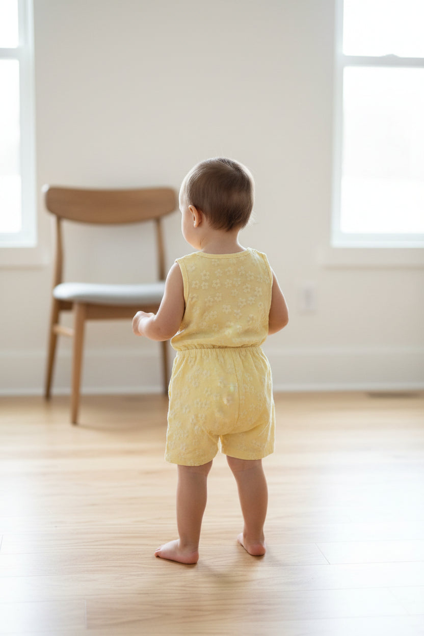 Mädchen Sommer-Jumpsuit „Sunny Flower“ mit Schleife & Strukturmuster – Gr. 92/98 (2-3 Jahre)