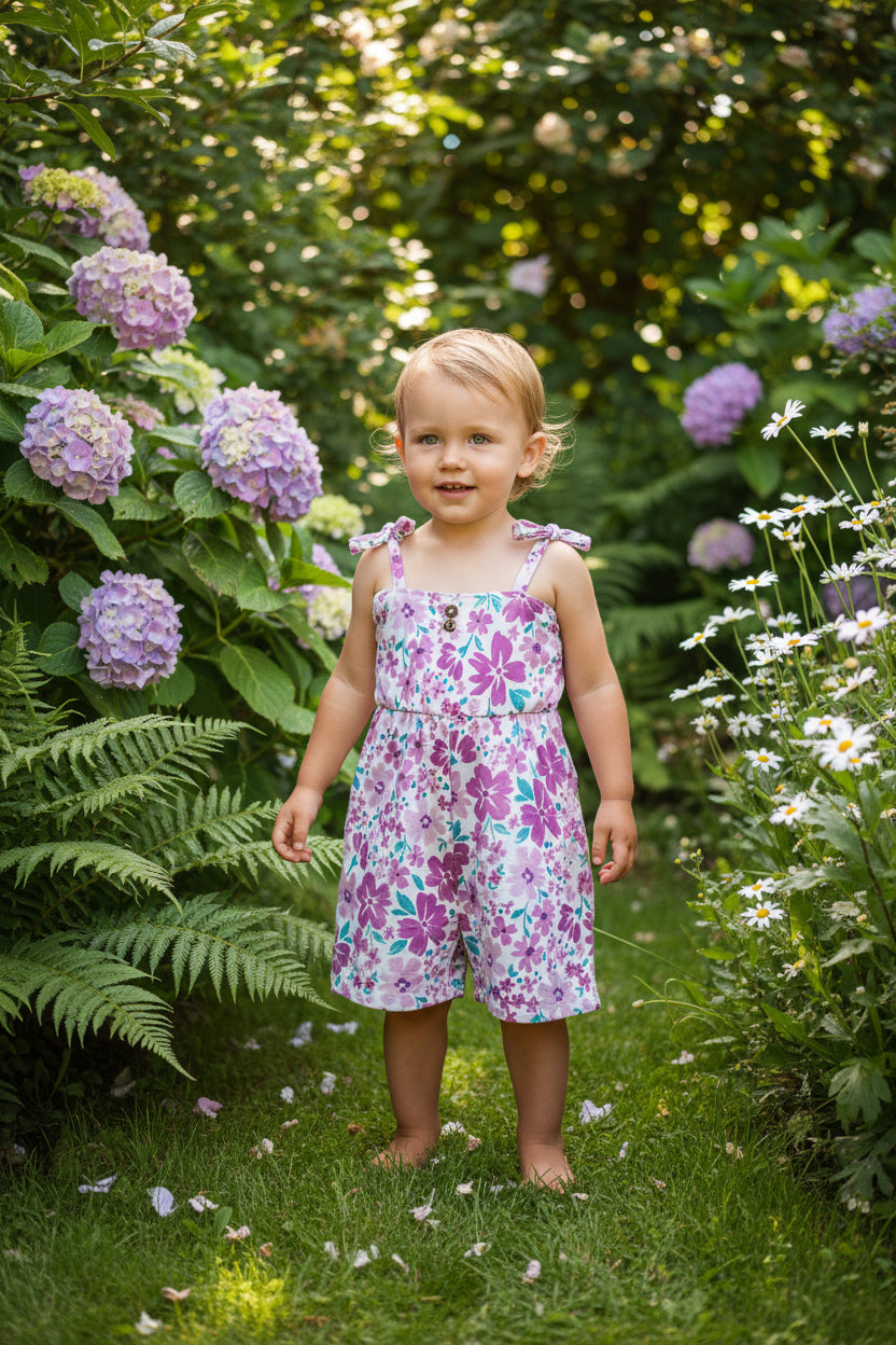 Süßer Mädchen Sommer-Jumpsuit mit lila Blumenmuster & Knotenträgern – Gr. 92/98 (2-3 Jahre)