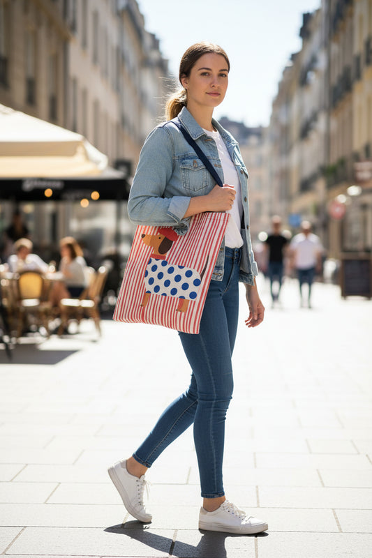 Beidseitig bedruckter Stoffbeutel „Dackel mit Barett“ – Maritimer Look