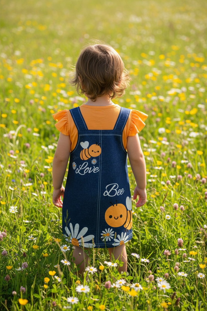 Kinderkleid im Latzhosen-Look „Love Bee“ – Gelb/Blau (Gr. 110)