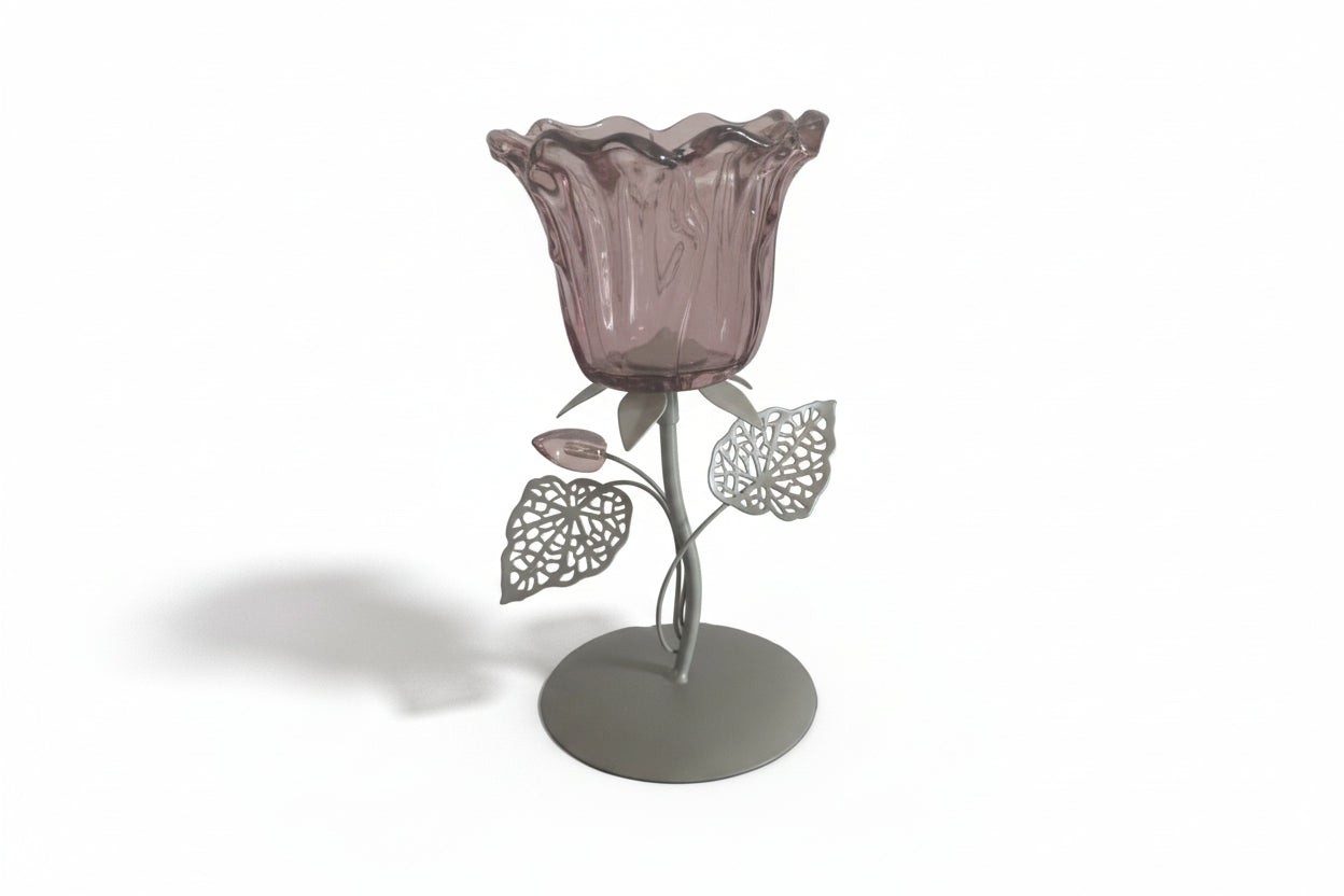 Romantischer Teelichthalter "Purple Blossom" – Kelchglas auf Silber-Finish (21 cm)