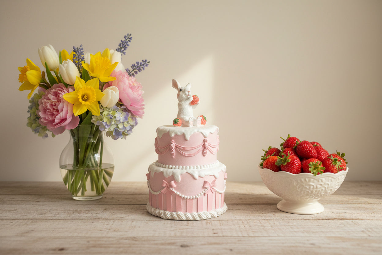 Große Deko-Figur Zweistöckige Torte mit Erdbeer-Hase – 28 cm Detailverliebt