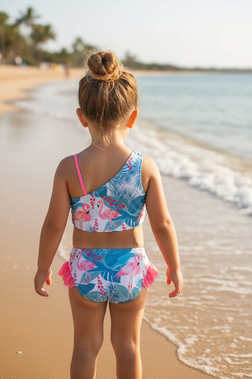 Mädchen One-Shoulder Bikini „Flamingo Dream“ mit Rüschen – Gr. 120 (116/122)