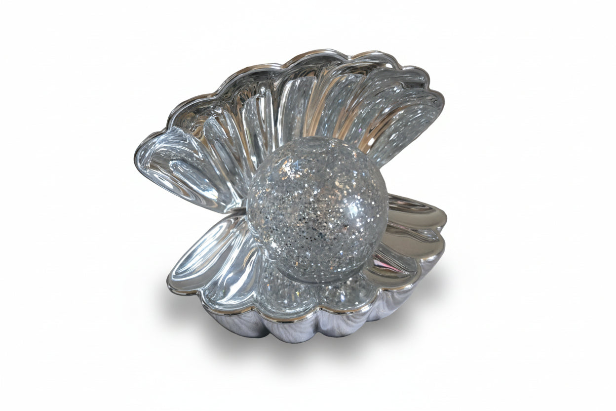Magische Muschel-Leuchte mit Glitzer-Kugel – Elegante Tischlampe in Silber-Optik