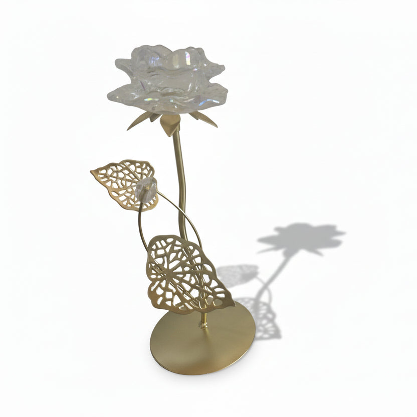 Filigraner Teelichthalter "Golden Rose" – Einzelblüte aus Glas (27,5 cm)