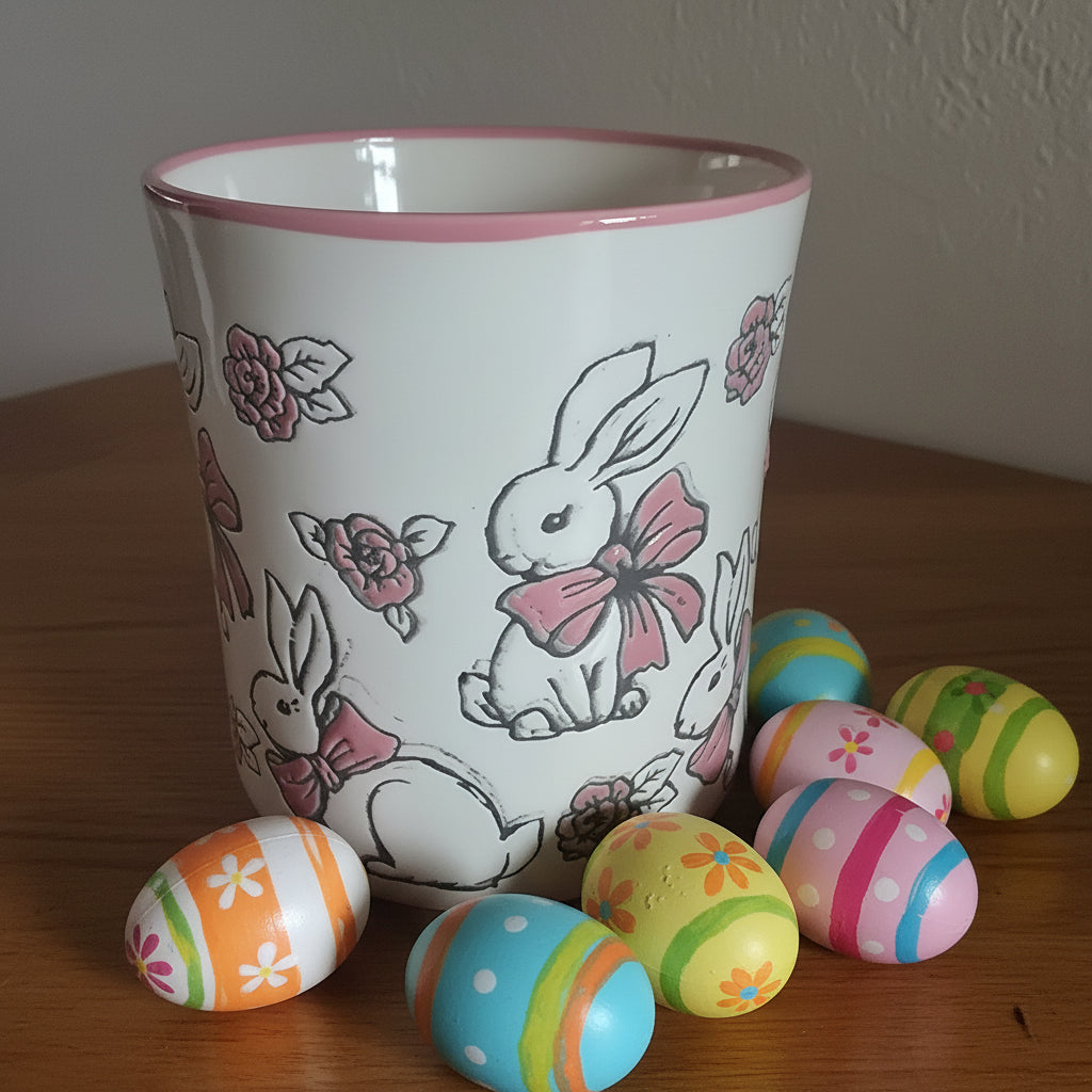 Romantische Hasen-Tasse mit Rosen & Schleifen – Nostalgisches Design ca. 12 cm