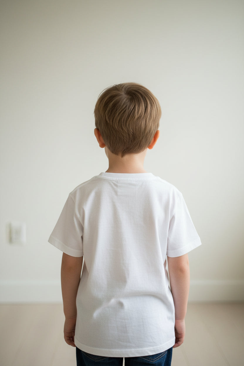 Kinder T-Shirt mit Dackel-Motiv & Baskenmütze – Weiß (Gr. 104/110)