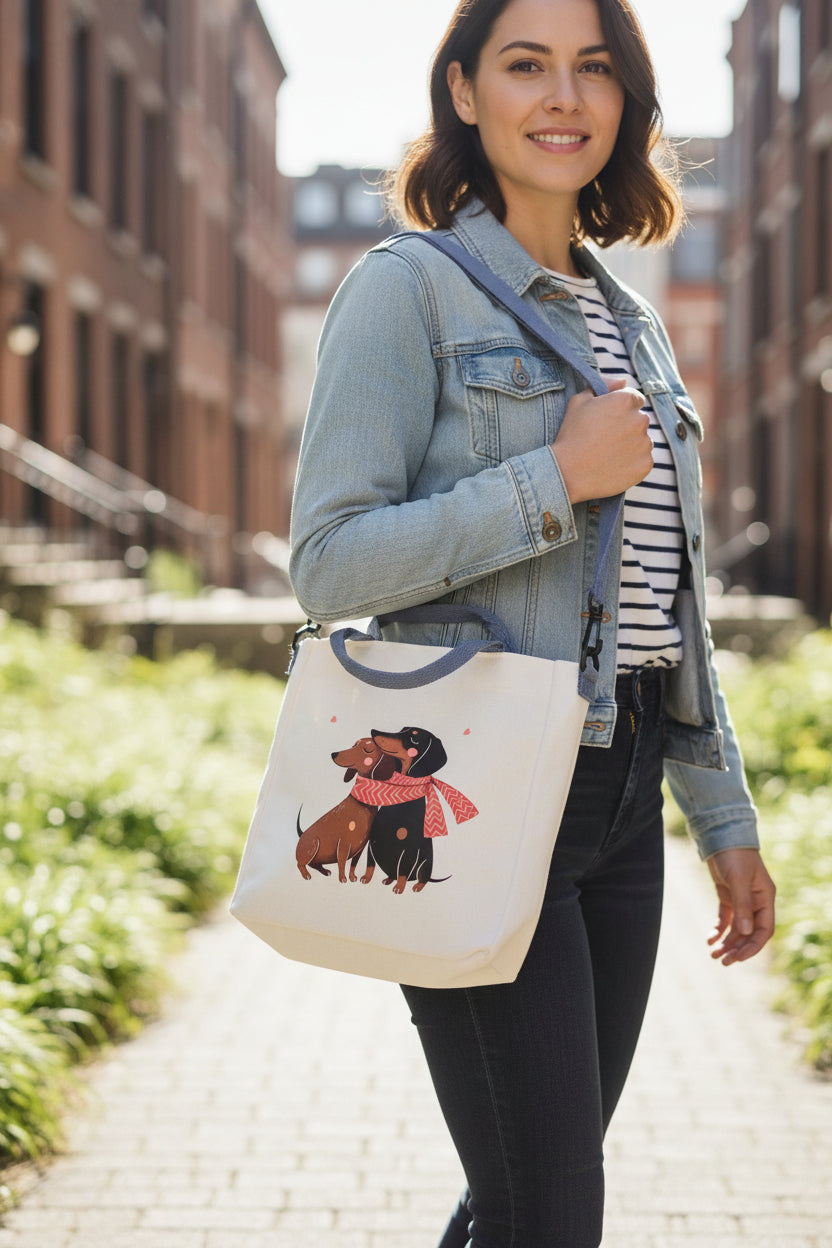 Dackel-Liebe Canvas Umhängetasche – „Kuschelzeit“ 🐾🧣