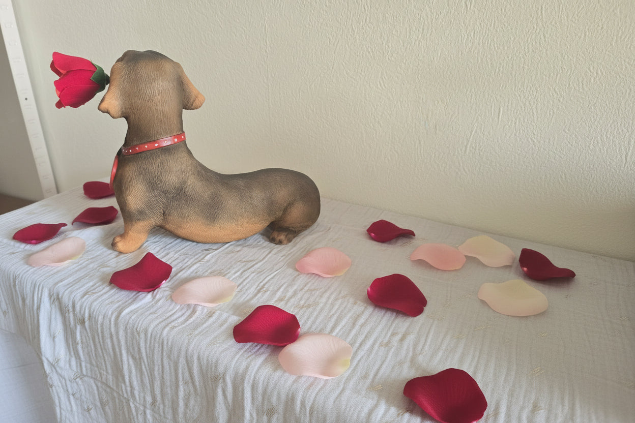 Deko-Figur "Dackel mit Rose" – Süßer Blickfang mit "I love you more" Herz ✨