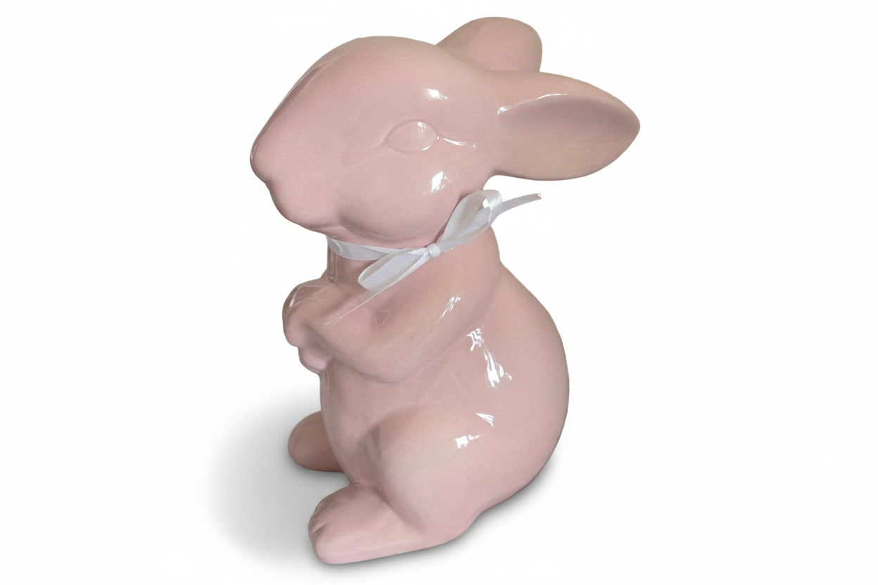 Großer Deko-Hase in Rosa mit weißer Schleife – 30 cm Frühlingszauber