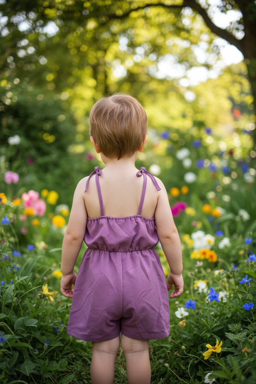 Einfarbiger Mädchen Sommer-Jumpsuit in Altrosa mit Holzknöpfen & Knotenträgern – Gr. 92/98 (2-3 Jahre)