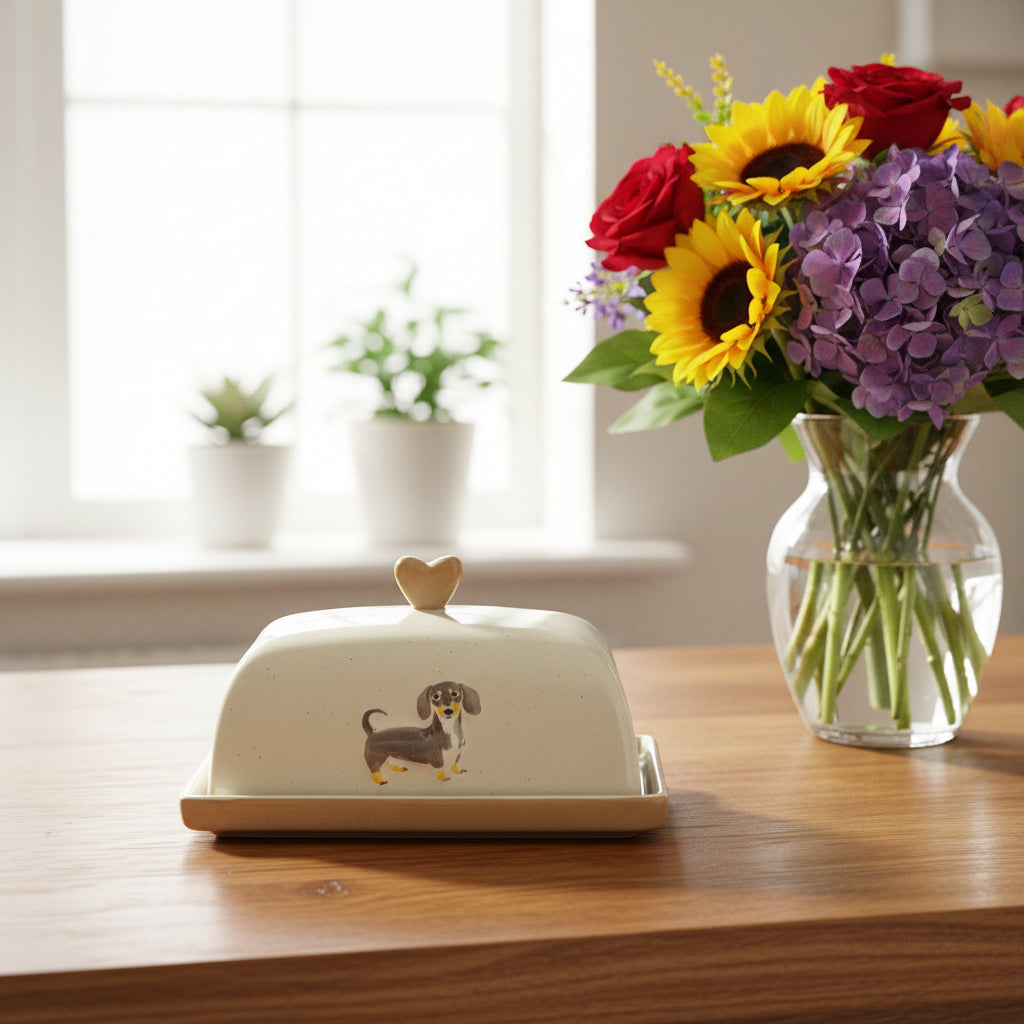 Keramik Butterdose Dackel mit Herz-Griff – Süßes Hundedesign für den Frühstückstisch