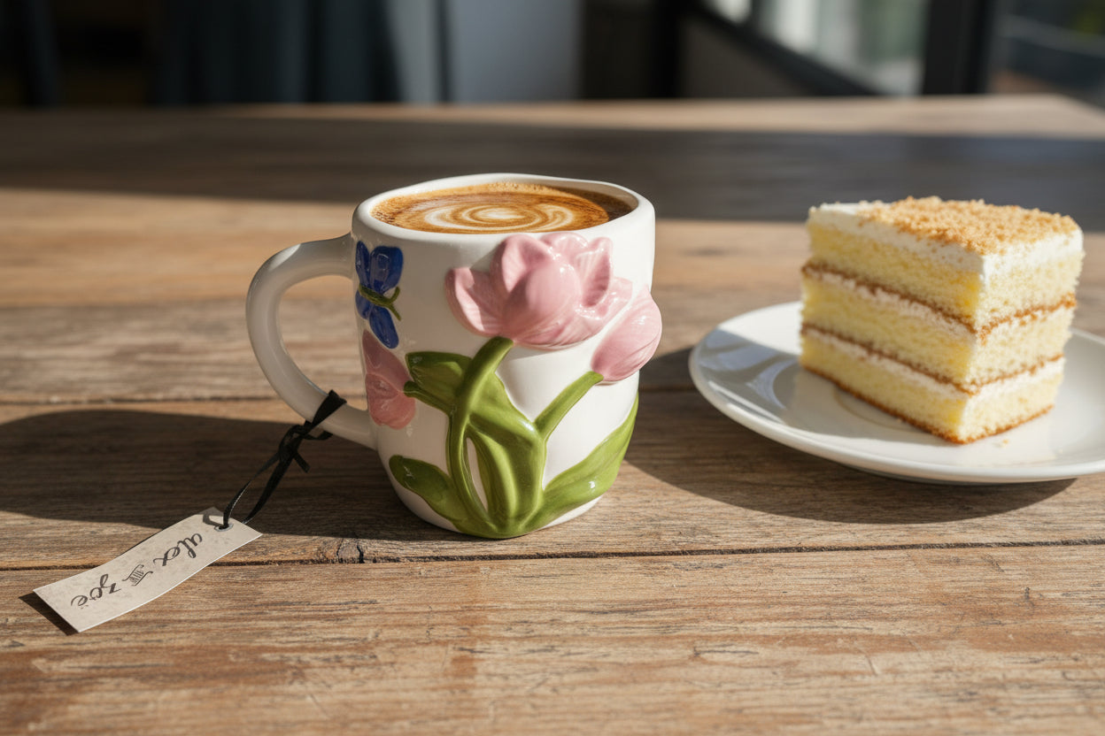 Frühlingshafte Relief-Tasse „Tulpenzauber & Schmetterling“ – Handbemalte Keramik