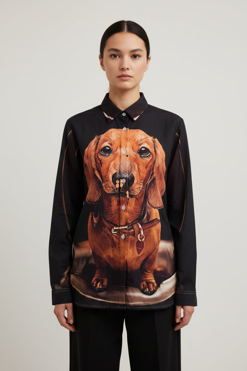 Stylisches Langarm-Hemd mit XXL Dackel-Motiv – Schwarz – XXL (46)
