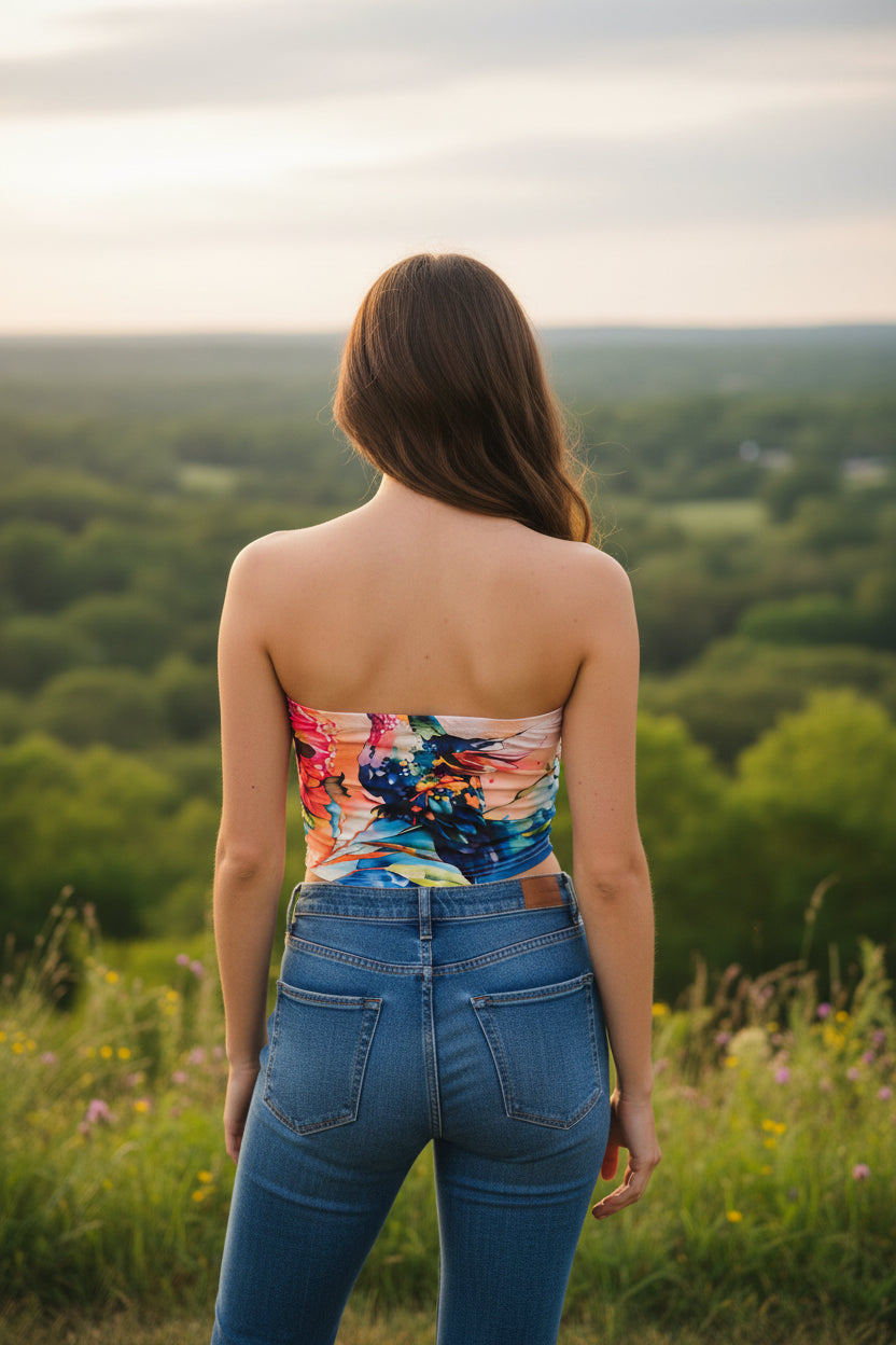 Farbenfrohes Damen Bandeau-Top mit Kolibri-Motiv & Blumen – Gr. 44/46 (XXL)