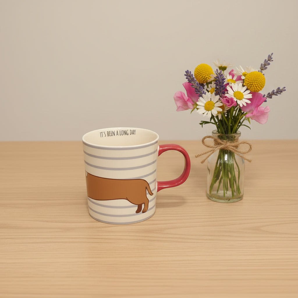 Dackel-Keramiktasse „Wurstmotiv“ – Süße Kaffeetasse mit blau-weißen Streifen & Herz