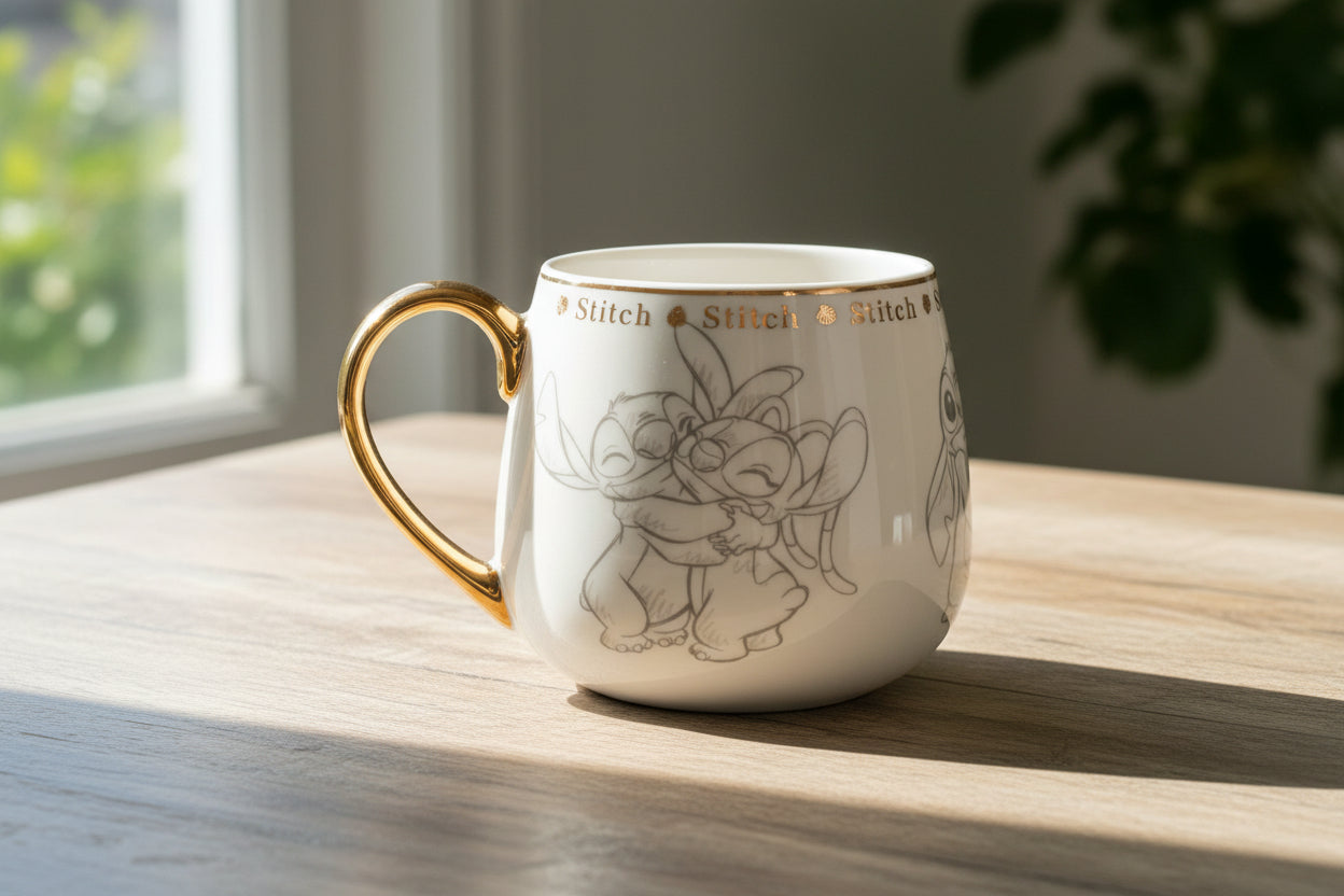 Disney Stitch Keramiktasse mit goldenem Henkel & Goldrand – Edles Sammlerstück
