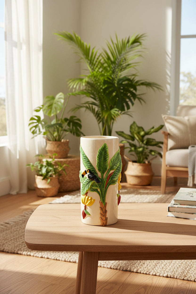 Vase Baum/Papagei Dekor aus Keramik, Bunt (B/H/T) 10x22x12cm