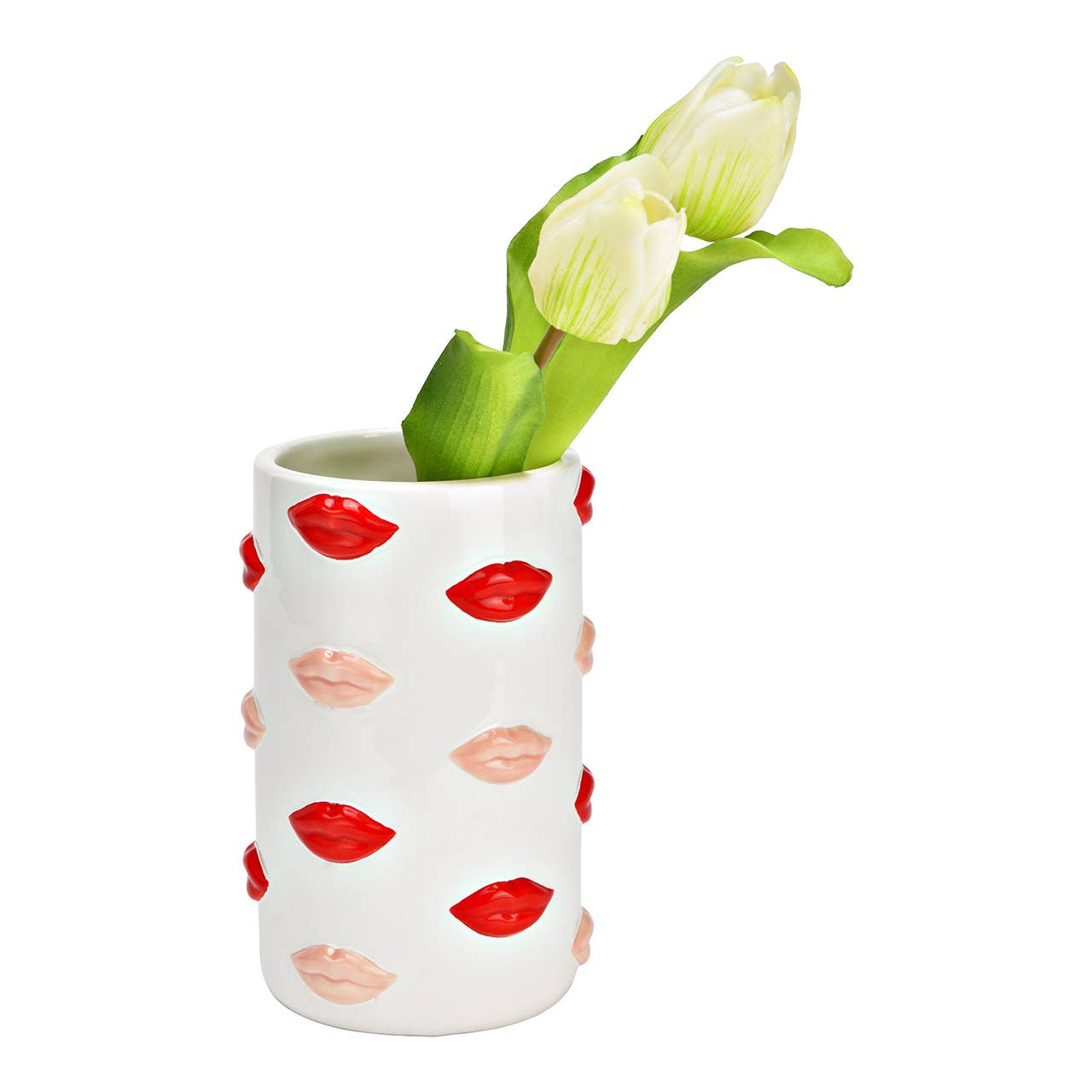 Vase mit Lippen aus Keramik, Weiß/Rosa/Rot (B/H/T) 11x17x11cm