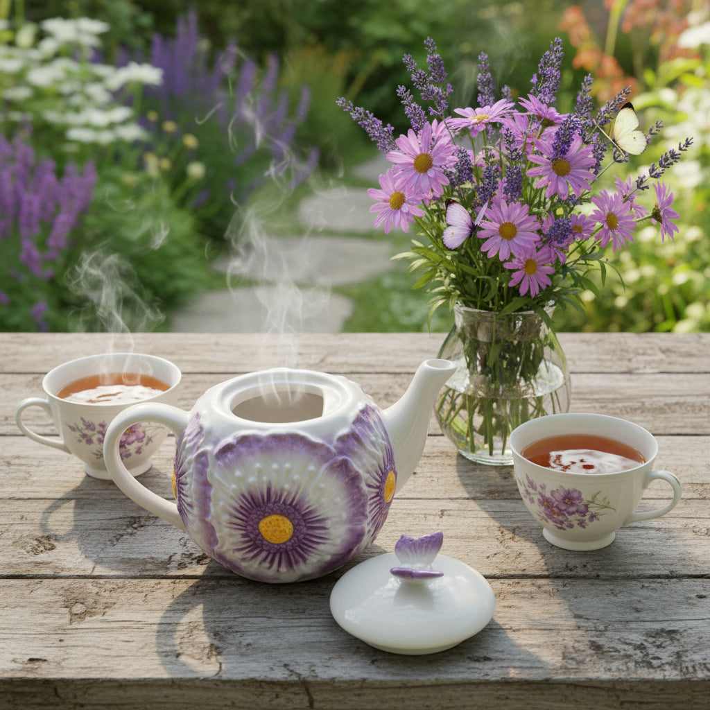 :
Romantische Deko-Teekanne mit lila Blumendekor & Schmetterling – Vintage Stil