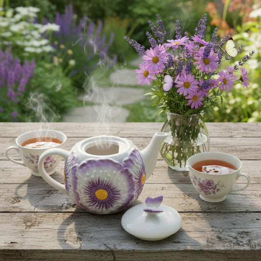 :
Romantische Deko-Teekanne mit lila Blumendekor & Schmetterling – Vintage Stil