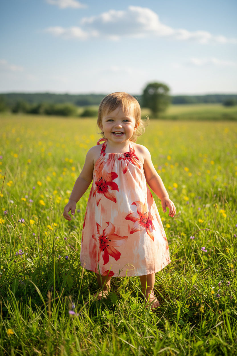 Leichtes Sommerkleid mit floralem Lilien-Muster – Pfirsich/Rot – Gr. 92/98 (2-3 Jahre) – NEU