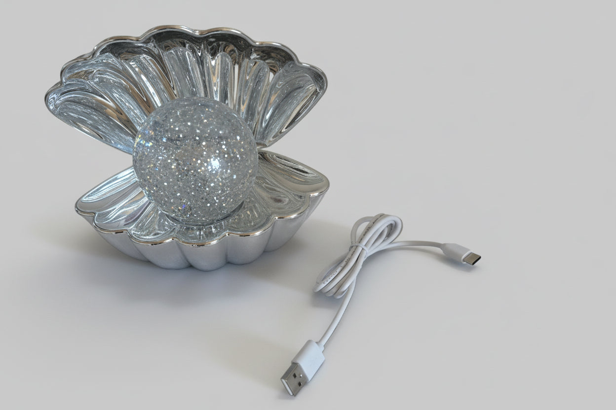 Magische Muschel-Leuchte mit Glitzer-Kugel – Elegante Tischlampe in Silber-Optik