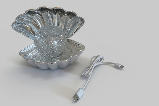 Magische Muschel-Leuchte mit Glitzer-Kugel – Elegante Tischlampe in Silber-Optik