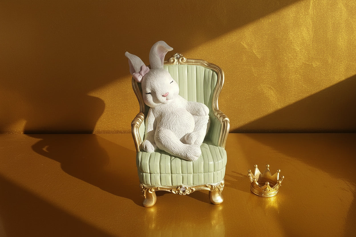 Träumendes Häschen im Barock-Sessel – 20 cm Deko-Figur mit nostalgischem Charme