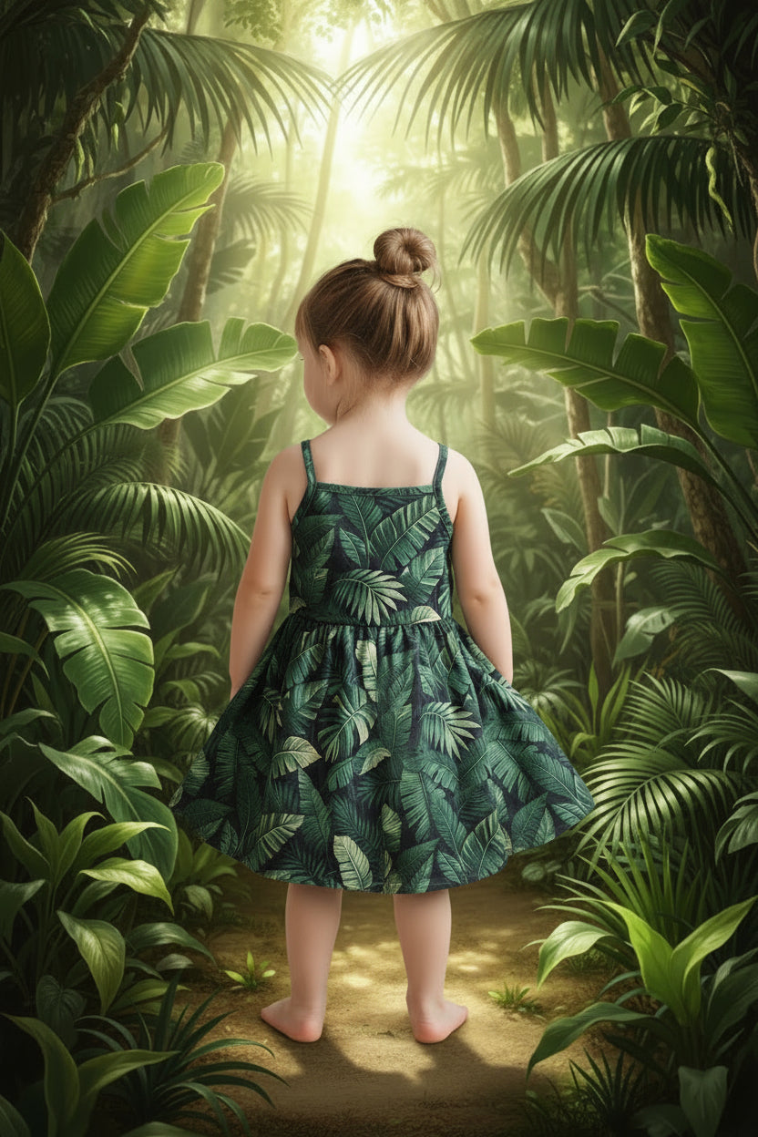 Süßes Sommerkleid mit tropischem Blättermuster – Grün – Gr. 92/98