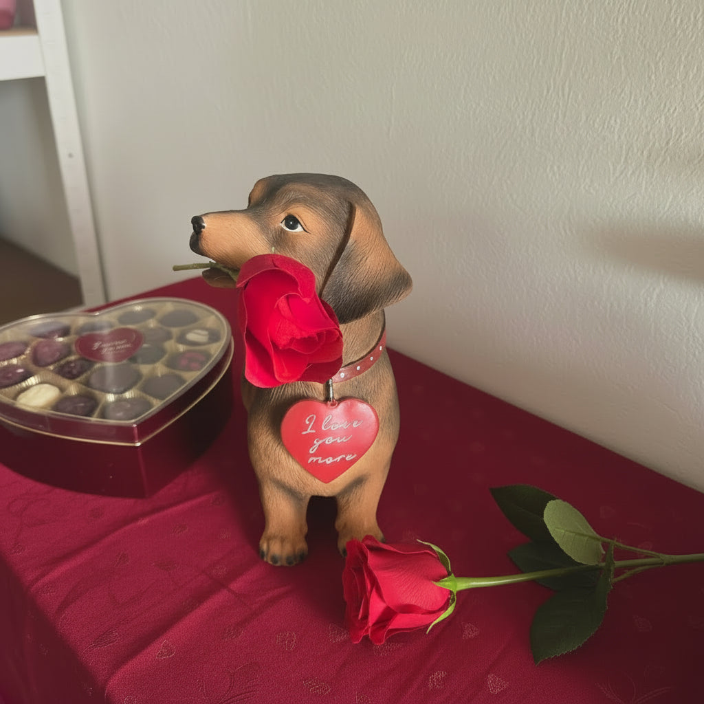 Deko-Figur "Dackel mit Rose" – Süßer Blickfang mit "I love you more" Herz ✨