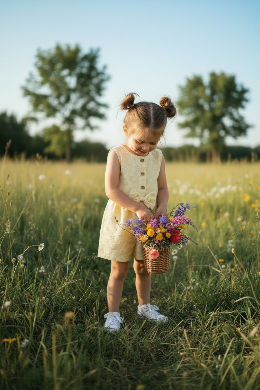 Mädchen Sommer-Jumpsuit „Sunny Flower“ mit Schleife & Strukturmuster – Gr. 92/98 (2-3 Jahre)