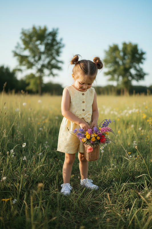Mädchen Sommer-Jumpsuit „Sunny Flower“ mit Schleife & Strukturmuster – Gr. 92/98 (2-3 Jahre)