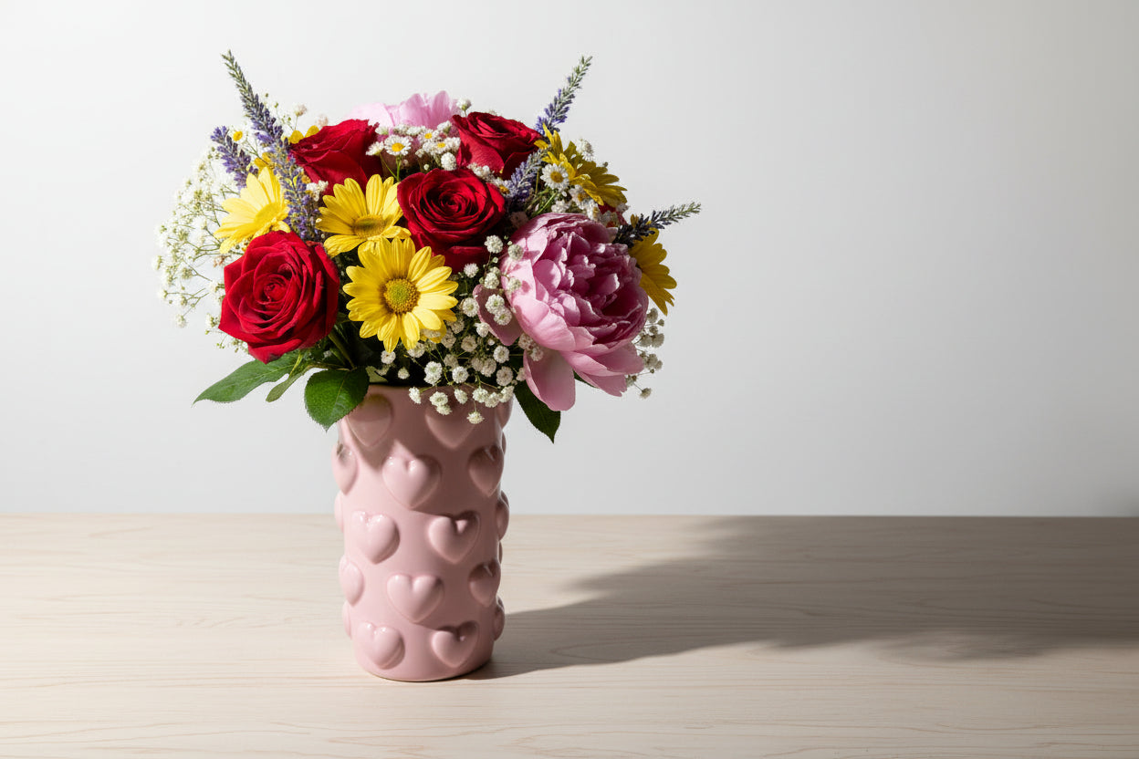 Romantische Herz-Relief Vase in Puderrosa – 17 cm Keramik-Deko