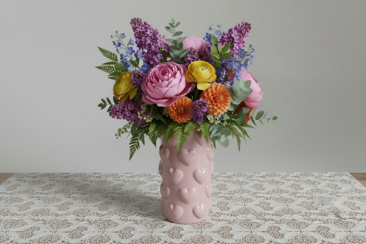 Romantische Herz-Relief Vase in Puderrosa – 17 cm Keramik-Deko