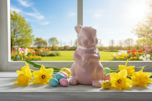 Großer Deko-Hase in Rosa mit weißer Schleife – 30 cm Frühlingszauber