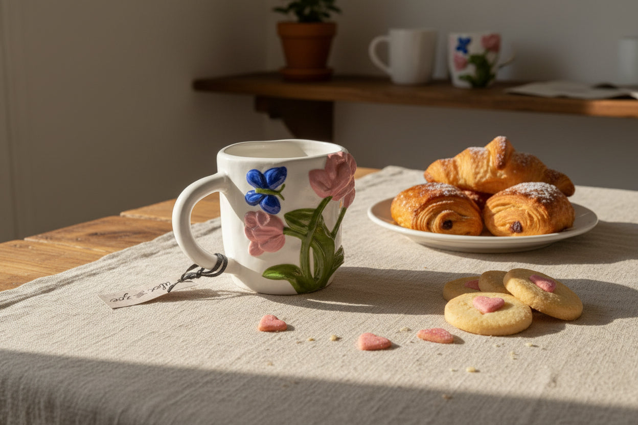 Frühlingshafte Relief-Tasse „Tulpenzauber & Schmetterling“ – Handbemalte Keramik