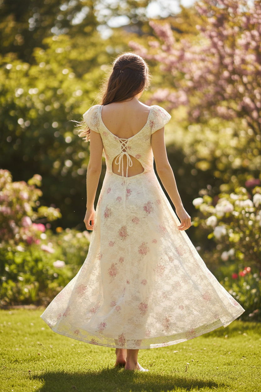 – Romantisches Spitzenkleid mit floralem Print & Rückenschnürung – Gr. 38