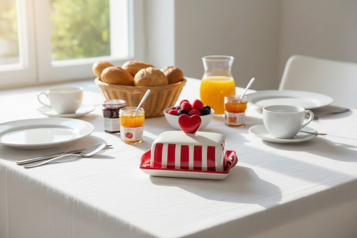 Keramik-Butterdose "Herz & Streifen" – Liebevolles Landhaus-Design