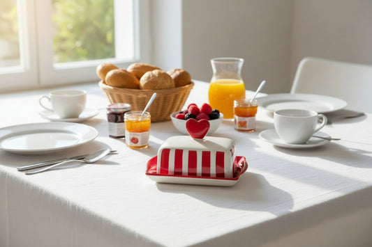 Keramik-Butterdose "Herz & Streifen" – Liebevolles Landhaus-Design