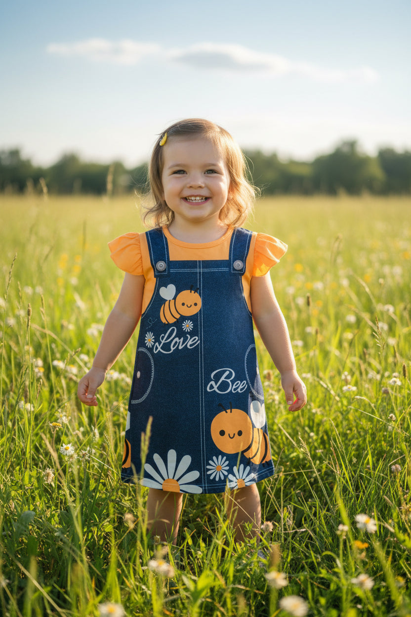Kinderkleid im Latzhosen-Look „Love Bee“ – Gelb/Blau (Gr. 110)