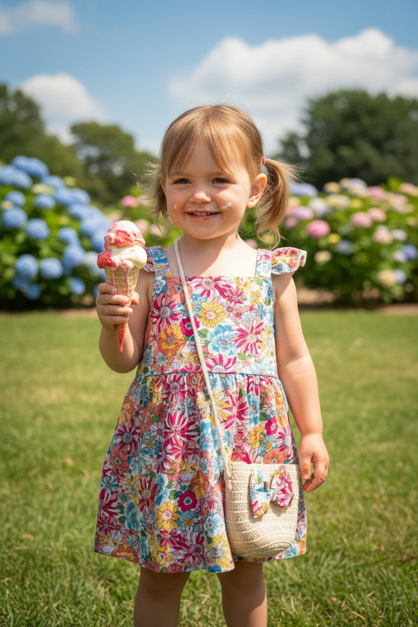 Mädchen Sommerkleid Set "Flower Power" inkl. Tasche – 100% Baumwolle