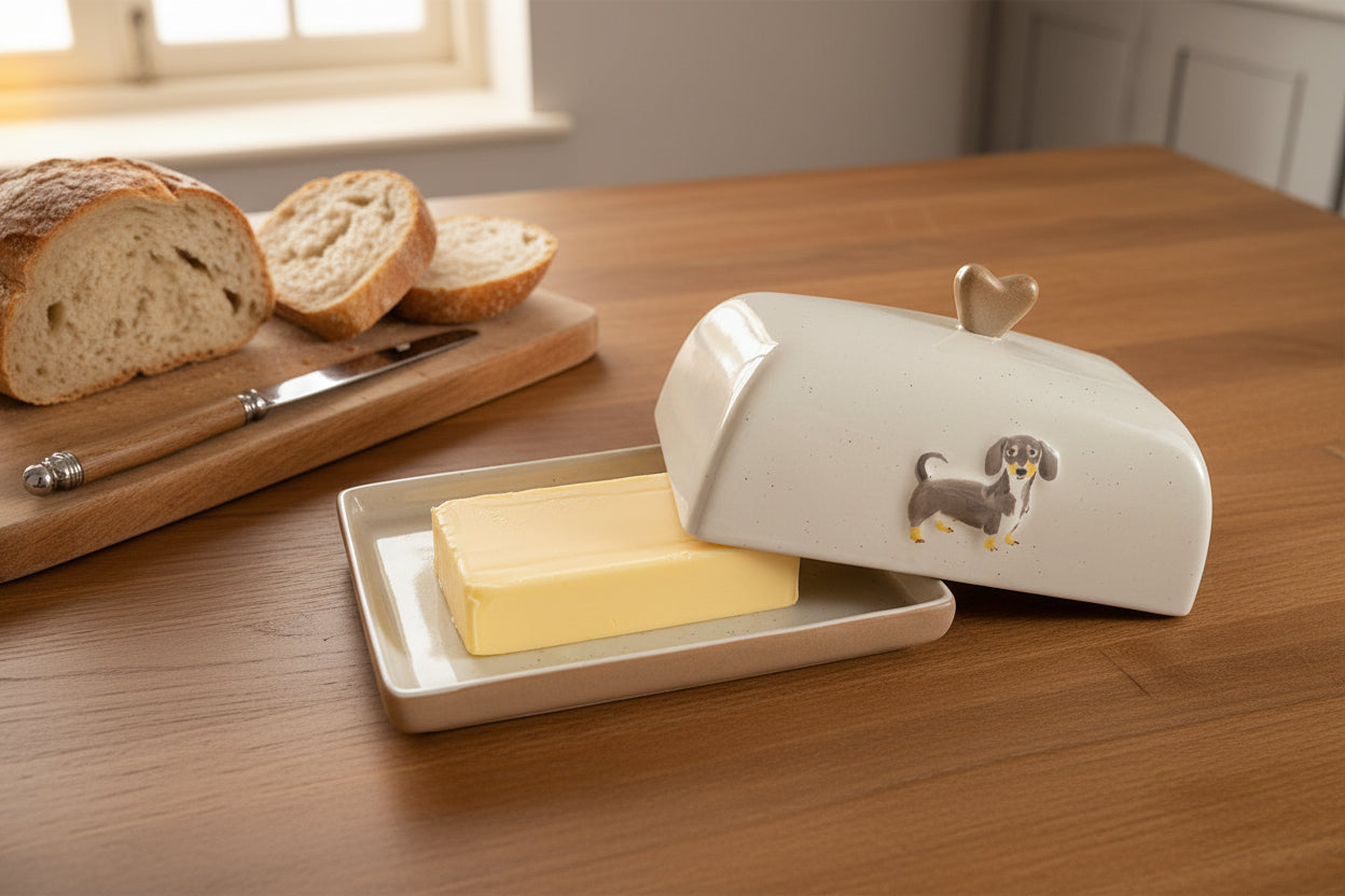 Keramik Butterdose Dackel mit Herz-Griff – Süßes Hundedesign für den Frühstückstisch
