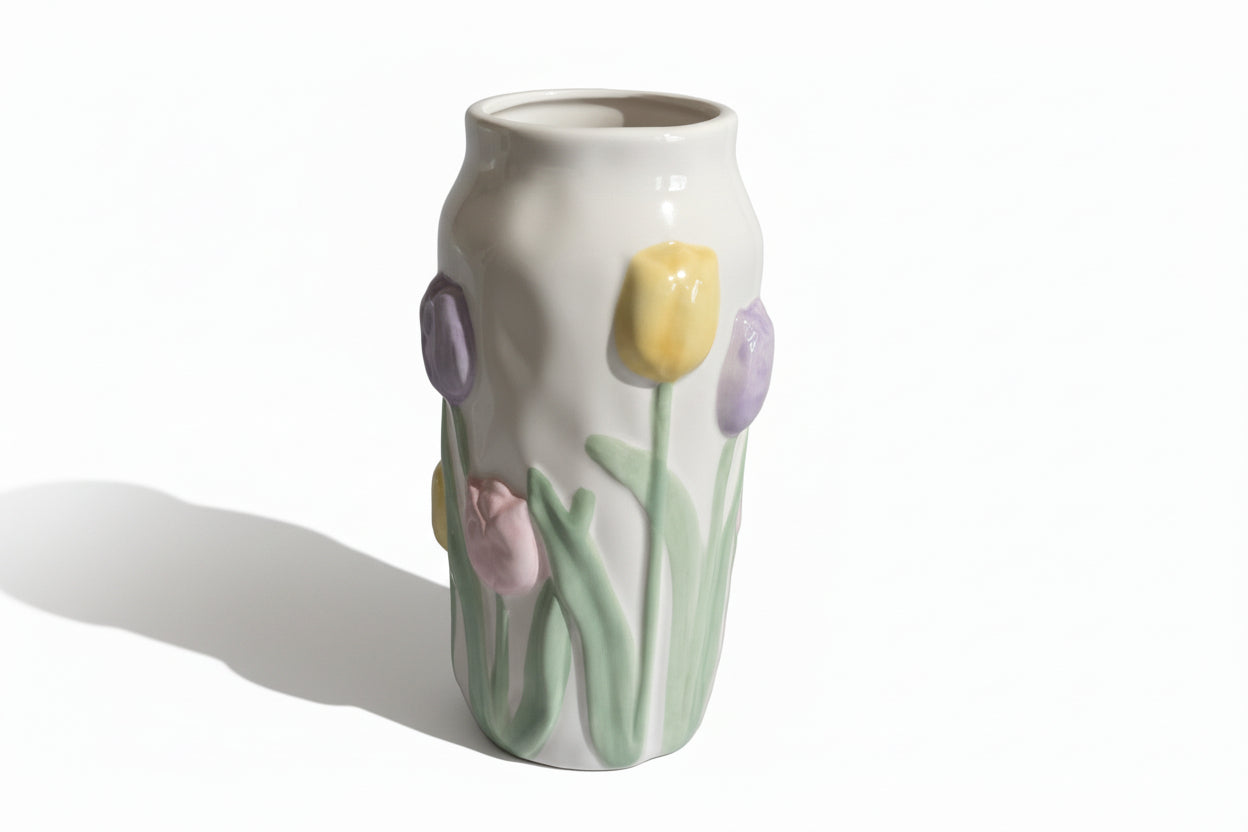 XL Relief-Vase „Frühlingserwachen“ – 22 cm Keramik mit bunten 3D-Tulpen