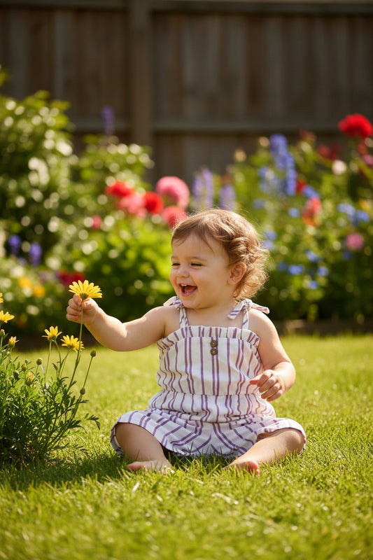 Gestreifter Mädchen Sommer-Jumpsuit in Weiß/Lila mit Holzknöpfen – Gr. 92/98 (2-3 Jahre)